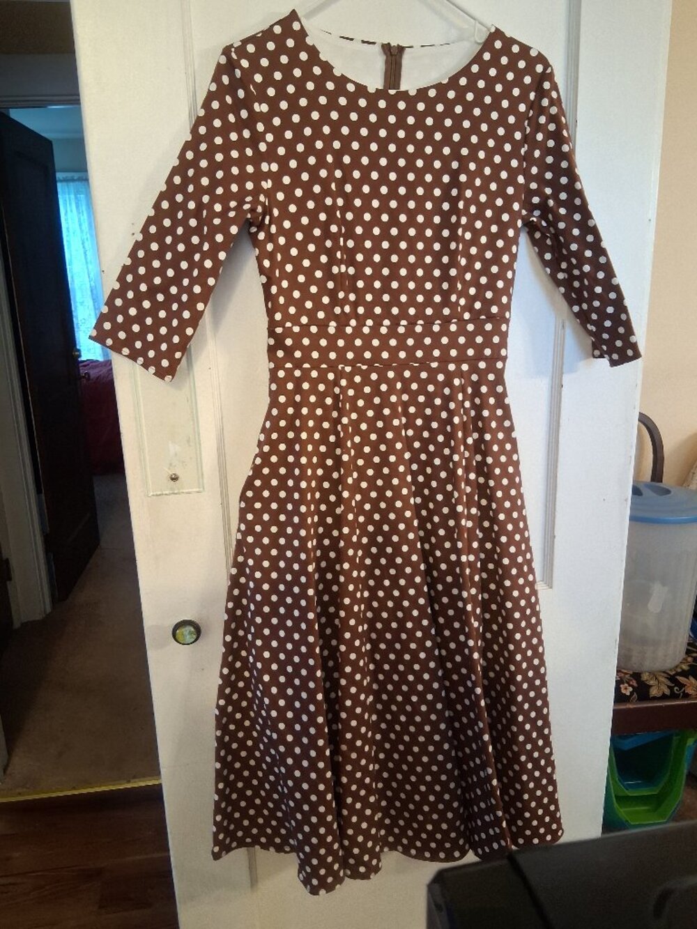 Polka dot dress with full skirt (hat not included) size S brown& off-white